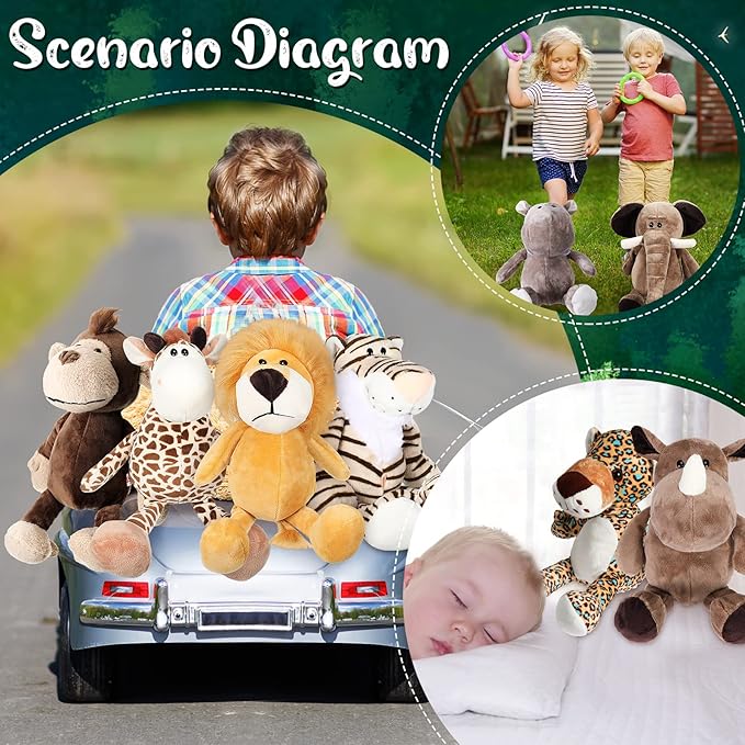 HyDren 12 Pieces Safari Stuffed Animals 11.8 Inch Jungle Animal Toys Set Boys Girls Plush Forest Animals Lion Elephant Zebra Giraffe Tiger Monkey for Zoo Animal Party Teacher Student Award