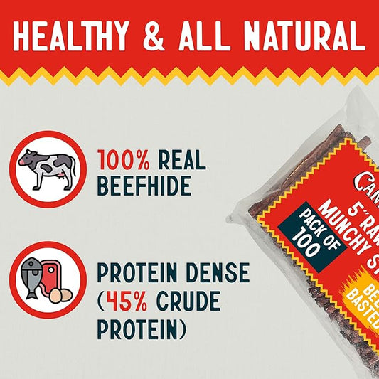 Canine Chews 5" Munchy Rawhide Sticks for Small Dogs Munchy Dog Treat Sticks 100 Pack (Beef)