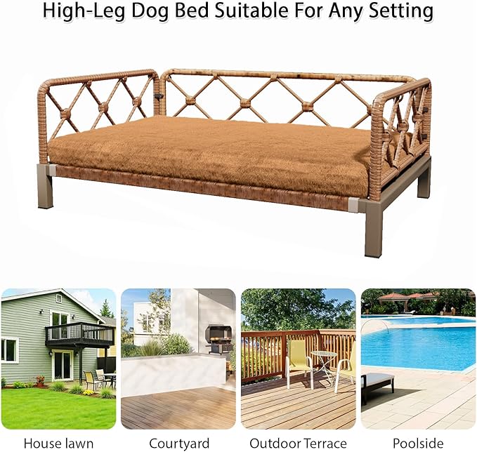 Outdoor Wicker Dog Bed Indoor Rattan Dogs Sofa with Soft Cushion, Dog Couch & Furniture, Pet Bed with Crate Pad(Brown Wicker and Cushion, Large and Medium)