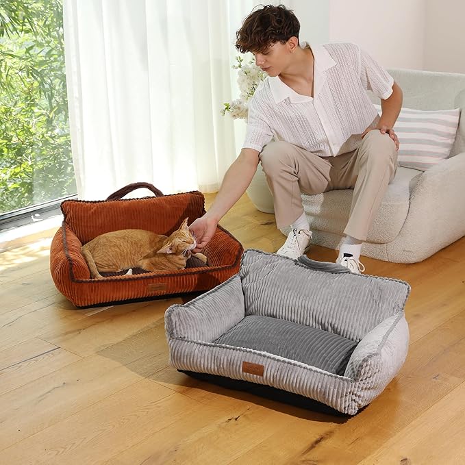 FUKUMARU Cat Couch Bed, Fluffy Corduroy Cat Beds for Indoor Cats with Washable Cover, Waterproof Small Dog Sofa Beds with Portable Handle and Anti-Slip Bottom, Pet Beds & Furniture 28inch, Orange