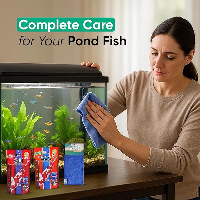 Koi Fish Food & Goldfish Food – Medium Pellets for Ponds – Wheat Germ Koi Food for Healthy Pond Fish, 17.6oz Bag with Microfiber Cleaning Cloth