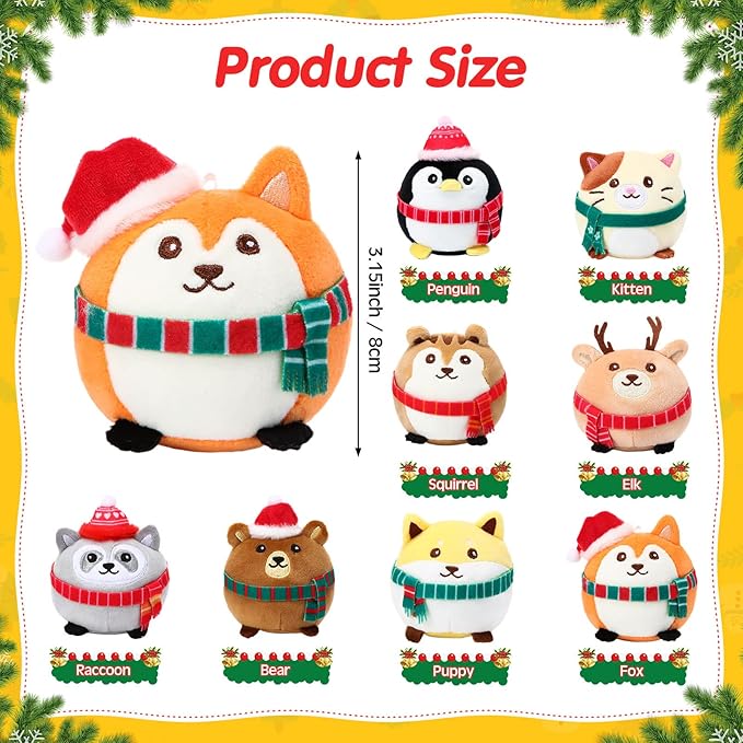 Aoriher 8 Pcs Mini Woodland Animals Plush Toys 3.15 Inch Soft Stuffed Animals Ornaments Bulk Colorful Woodland Keychain for Birthday Baby Shower Party Decors Classroom Prizes(Cap and Scarf)