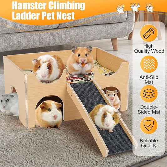AQQHSAIN Guinea Pig Hideout Castle Sturdy Wooden Hamster Castle Detachable Guinea Pig Hideout House with Ramp and Cushion Small Animal House Hut Habitats for Chinchillas Playing Hiding (Single Layer)