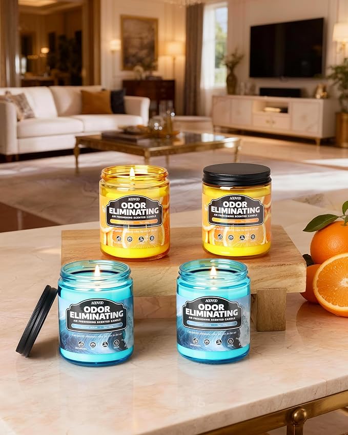 AOOVOO 4 Pack Citrus Lemon/Fantasy Ocean Odor Eliminating Highly Fragranced Candle - Eliminates 95% of Pet, Smoke, Food, and Other Smells Quickly, Air Freshing Soy Candle