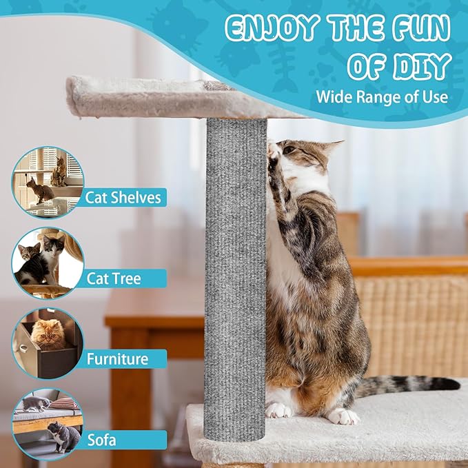 Climbing Cat Scratcher Mat Trimmable Cat Scratching Post Carpet 78.7’’x15.8’’ Self Adhesive Carpet Mat Pad Replacement for Cat Tree Shelves Post Couch Wall Furniture Steps DIY Protector (Light Gray)