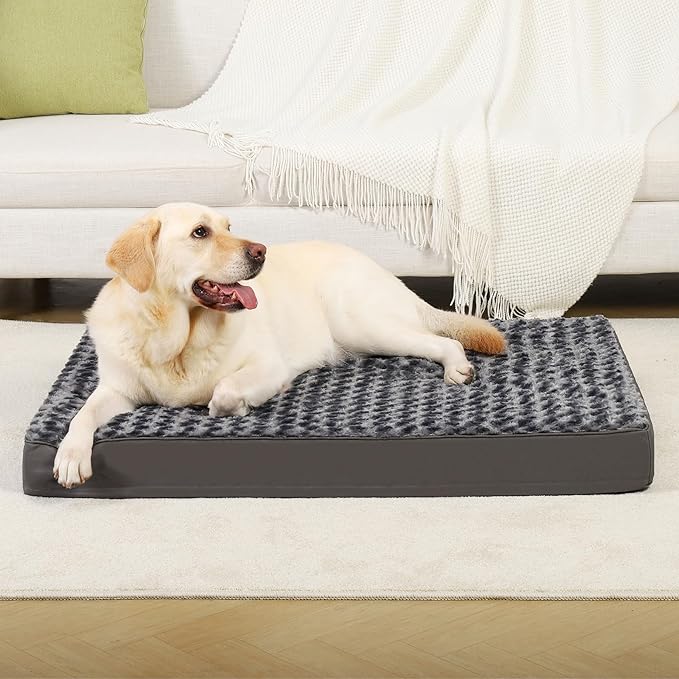 MIHIKK Dog Bed for Large Dogs, Orthopedic Pet Bed with Removable Washable Cover, Egg Crate Foam Dog Mattress Nonskid Bottom, Comfy Anti-Anxiety Puppy Mat, 36x27 inch, Dark Grey-Rose Pattern