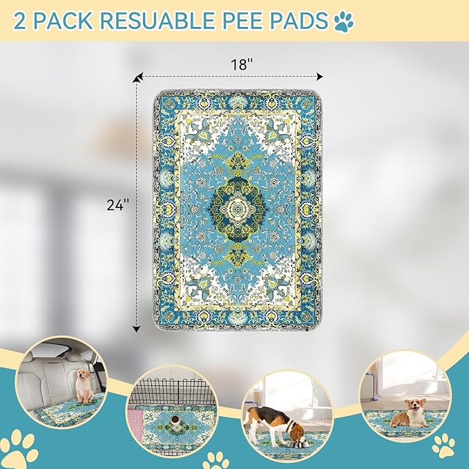 Washable Pee Pads for Dogs, 18'' x 24'' Reusable Puppy Pads 2 Pack Waterproof Non-Slip with Fast Absorbent, for Training Travel Whelping Housebreaking Incontinence Crate