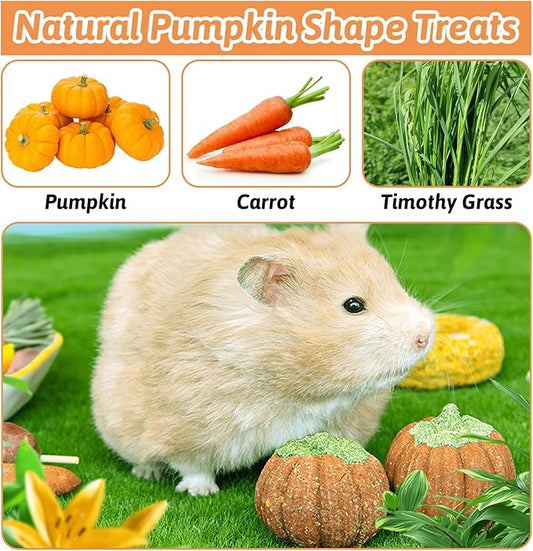 Fhiny 6 PCS Rabbit Chew Toys, Natural Pumpkin Carrot Timothy Grass Guinea Pig Chew Toys for Teeth Bunny Molar Snacks Dental Care Hamster Treats for Bunny Guinea Pig Chinchilla Hamster Gerbil
