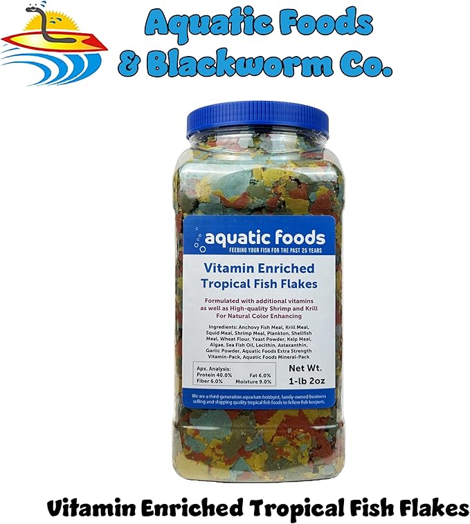 Aquatic Foods Inc. Premium Vitamin Enriched Tropical Flakes for All Community Tropical Fish, Cichlids and Pond Fish - AFI Vitamin Tropical Flakes…1-lb 2oz Lg Jar