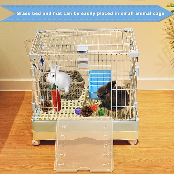 kathson Bunny Grass Bed Portable Grass Bed Mat Hand-Made with Natural Straw Lightweight Paws Protection Bedding Nest Small Animals Chew Toys for Rabbit Guinea Pig Hamster Gerbil Chinchilla Mice
