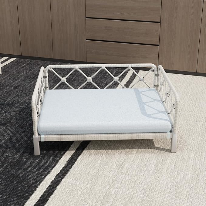 Wicker Dog Bed with 2" Cushion,Rattan Dog Sofa Bed for Small Medium Dogs– Indoor/Outdoor Metal Frame Pet Bed up 66lbs (Grey Rattan Grey Cushion)