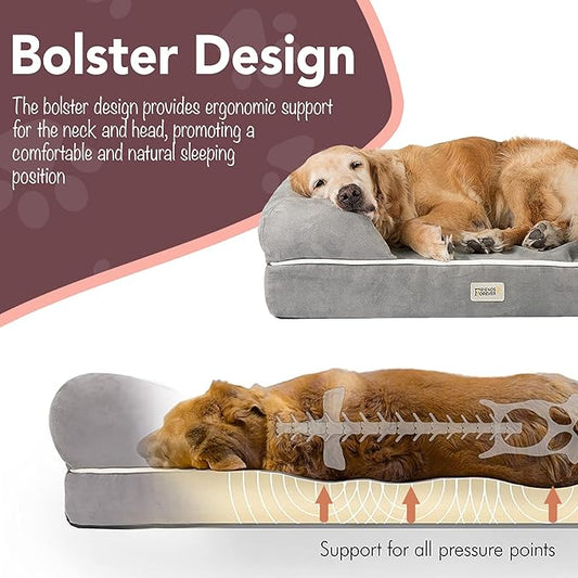 Chester XX-Large Dog Bed - Orthopedic Memory Foam Mattress, Calming Couch Bed, Wall Rim Pillow, Water Resistant Liner, Washable Cover, Non-Slip Bottom, Grey