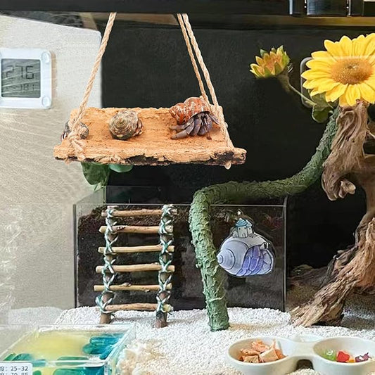 Hermit Crab Climbing Toy, Natural Wooden Reptile Swing Toy, Pet Cage Tank Aquarium Accessories for Hermit Crab Lizard Chameleon Hamster Guinea Pig Chinchilla Bird Parrot