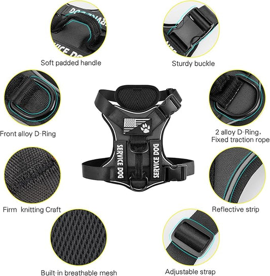 Demigreat Service Dog Harness, Reflective Dog Vest Harness with 5 PCS Patches, Adjustable Soft Oxford Pet Harness, Inner Layer Mesh, Easy to Control for Dogs