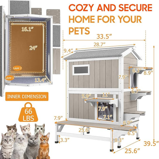 Insulated Cat House Outdoor Weatherproof with Balcony All-Round Insulation Outside Wooden Feral Cat Shelter for Winter with 3 Jumping Platforms and Openable Roof for Cats and Small Animals