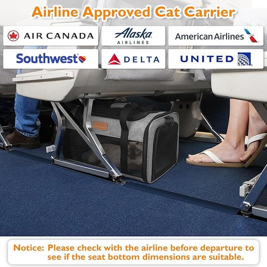 PETUX TSA Approved Pet Carrier in Cabin, 17"x11"x9.5" Cat Travel Carrier with Litter Box for Small Cats up to 12 lb, Portable Breathable Airline Approved Cat Carriers for Travel and Vet Visit, Grey