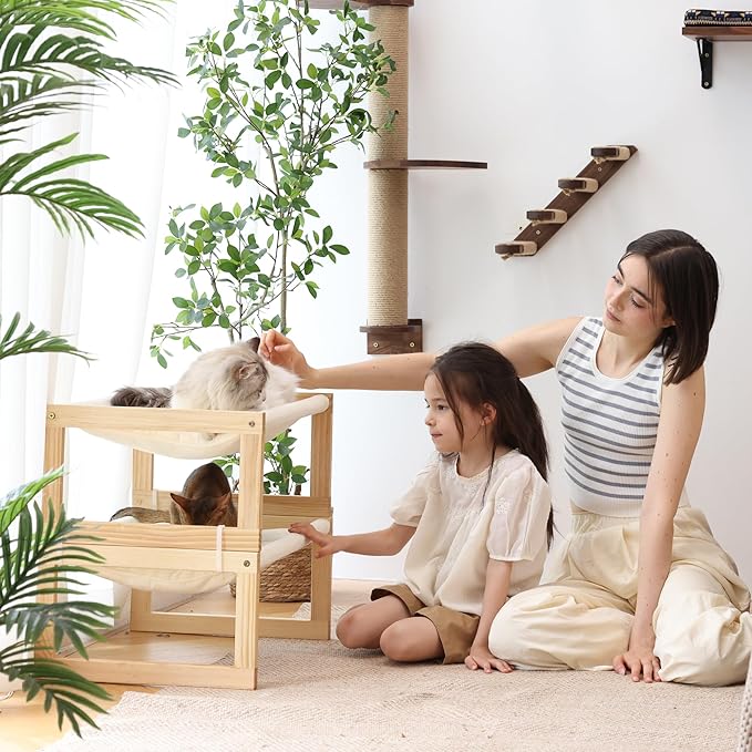FUKUMARU Cat Bed with Removable Cover, Plush Velvet Couch for Indoor Cats, Wooden Feline Hammock, 21 x 16.5 Inch Kitten Sofa, Suitable for Kitty, Dog, Bunny and Small Animal, White