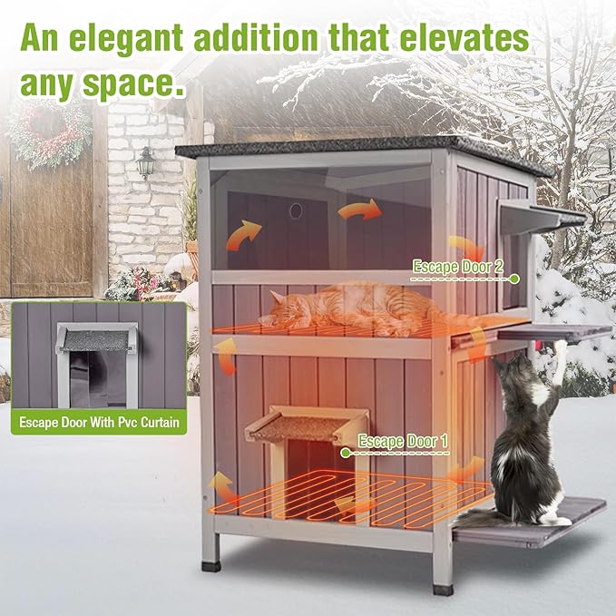 GUTINNEEN Heated Cat House, 2-Story Outdoor Cat House, Heated Cat Houses for Outside Cats with Heater and Insulated Liner