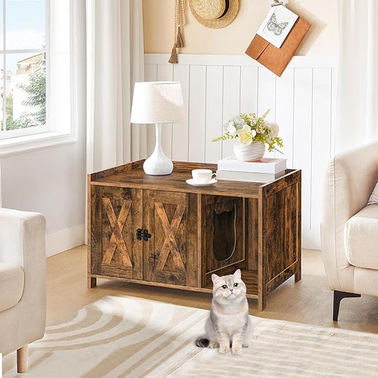 Cat Litter Box Enclosure, Hidden Litter Box Furniture with Divider, Indoor Cats House, Wooden Cat Washroom Storage Cabinet Bench, Side End Table Nightstand, Rustic Brown CWHR2501Z