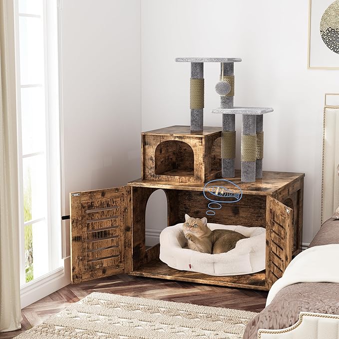 DKLGG Cat Tree with Litter Box Enclosure, Modern Cat Condo, Indoor Cat Tower with Litter Box Enclosure Wood House w/Sisal Scratching Post, Plush Perch Platform & Divided Condo (Rustic Brown)