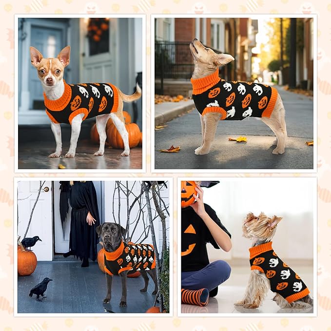 Vehomy Dog Halloween Sweater Pet Pumpkin Ghost Costume Cat Pumpkin Turtleneck Knitwear Shirt Pullover Dog Puppy Halloween Sweaters Clothes Outfits for Cats Small Medium Large Dogs M