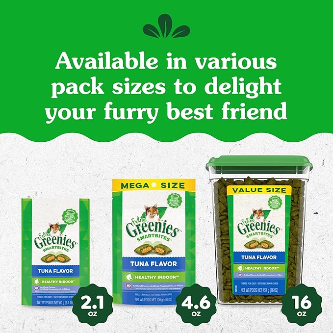 Greenies Feline Smartbites Healthy Indoor Natural Treats for Cats, Tuna Flavor, 16 oz. Tub