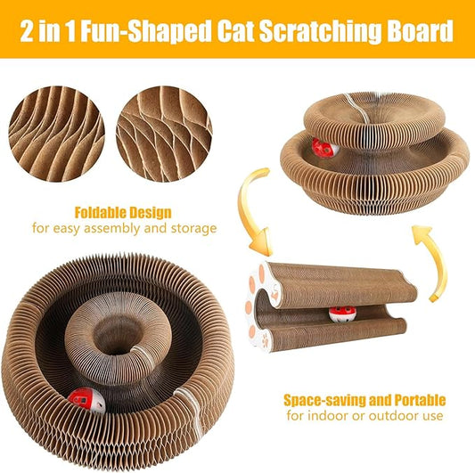 2 PCS Kitty Curls Cat Scratcher, Foldable Magnetic Cat Toy Scratching Board with Bell Balls, Reversible Corrugated Cardboard for Claw Care and Furniture Protection