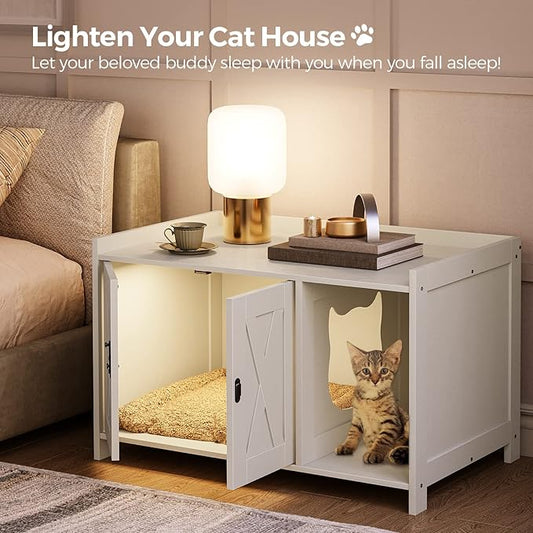 Cat Litter Box Enclosure, Hidden Litter Box Furniture with Divider, Indoor Cat House, Wooden Cat Washroom Storage Cabinet Bench, for Living Room, Bedroom, White CWWT2501