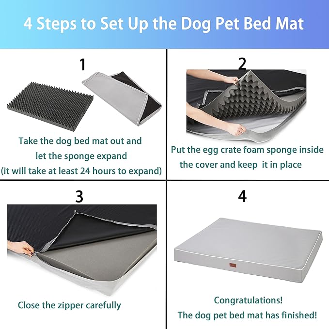 Dog Bed Mats for Big Dogs - Orthopedic Dog Pet Bed Thick Egg Foam Crate, Removable Washable Cover, Non-Slip Bottom Durable Dog Crate Bed Mat (Light Grey, XL(42''x30''x4''))