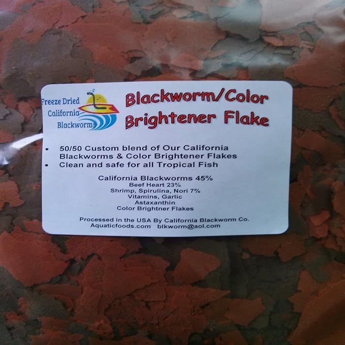 Aquatic Foods Inc. Flakes - 45% California Blackworm & Color Brightner Flake Mix for Discus, Cichlids, Tetras, Guppies, Live Bearers, All Community Tropical Fish - Premium AF Flakes - 1/2-lbs