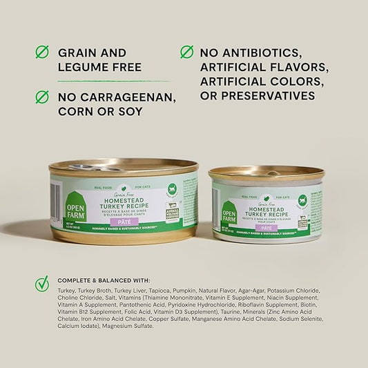Open Farm Canned Cat Food, Paté for Complete & Balanced Nutrition, Grain-Free and Legume-Free Wet Cat Food, Homestead Turkey Recipe, 2.8oz Cans (Case of 18)