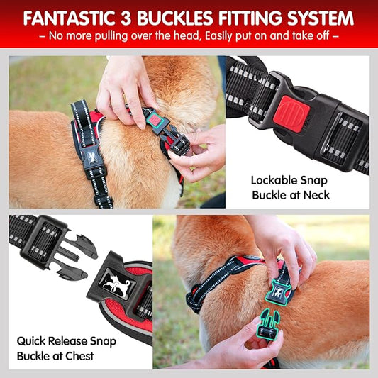 PoyPet Dog Harness and Leash Combo, Escape Proof No Pull Vest Harness, with 5 Feet Leash, Reflective Adjustable Soft Padded Pet Harness with Handle for Small to Large Dogs(Red,M)