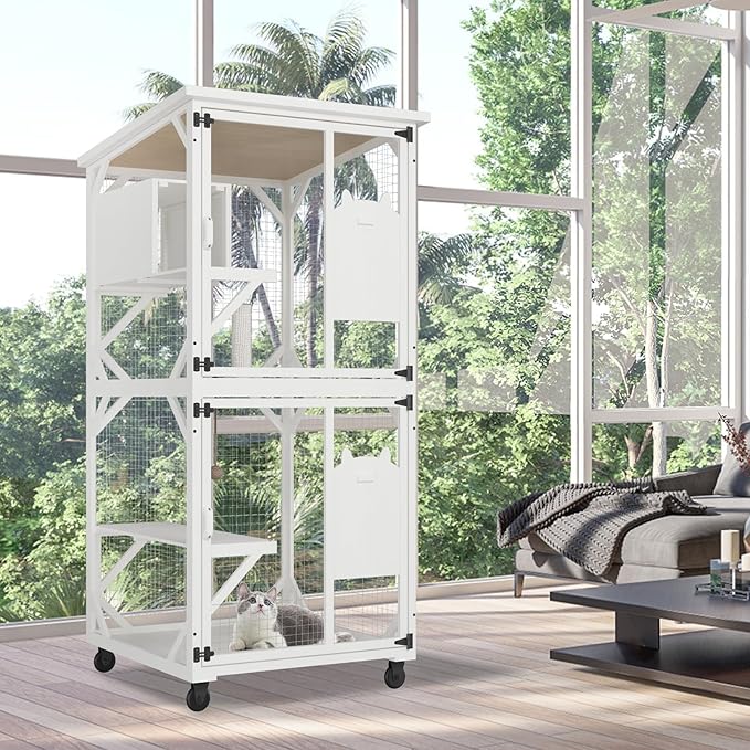 ROOMTEC Catio Outdoor Cat Enclosure - Large Wooden House with Roof, 71" H, 3 Jumping Platforms & 1 Napping House for Cats (White)