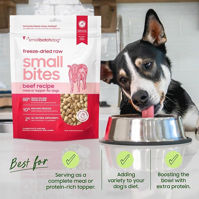 smallbatch Pets Freeze-Dried Raw Dog Food – Beef Recipe – 20oz Small Bites – Grain Free, High Protein, Complete Meal or Topper – Made in USA with Organic Produce & Humanely Raised (20 Oz, Beef)