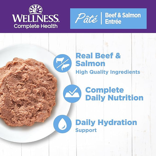 Wellness Complete Health Pate Adult Wet Cat Food, Natural, Protein-Rich, Grain Free, 12.5 Ounce, 12 Pack, (Beef & Salmon)