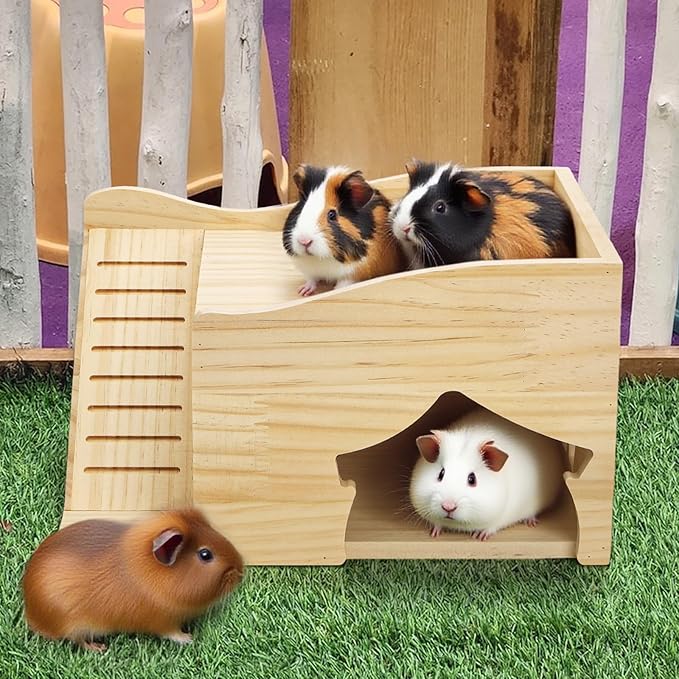 Wood Hamster House, Guinea Pigs Hideout Castle with Stairs and Window, Small Animals Bed Hut Habitats, Ideal for Chinchillas Dwarf Mice Gerbils Playing Hiding, No Installation Required