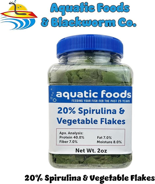 Aquatic Foods Inc. Vegetable & 20% Spirulina Plus Enhanced Premium Flakes for African Cichlids, Herbivores, AF…2oz Small Jar
