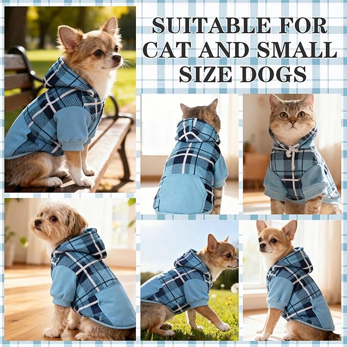 EXPAWLORER Plaid Cat Hoodie - British Style Warm Cat Sweater Shirt with Leash Hole,Pet Clothes Outfits,Winter Coat Apparel for Puppy Cats Girl Boy-Kitten Apparel,Blue S