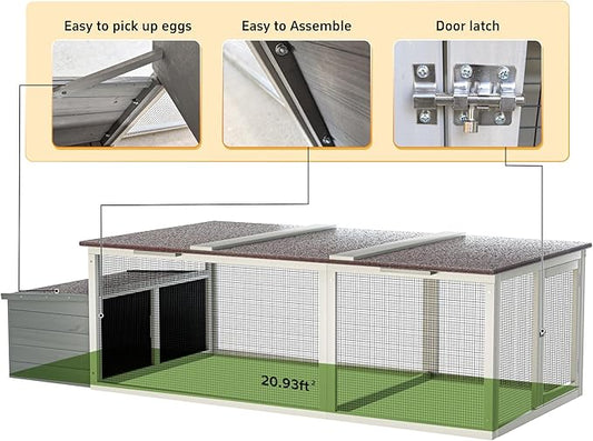 20.93ft² Large Wooden Chicken Coop with Run and Nesting Box – Outdoor Hen House with Weatherproof Asphalt Roof, Secure Wire Enclosure & Easy-Clean Design for 3–4 Chickens Gray