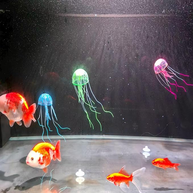 Glowing Aquarium Jellyfish Decoration, Blue, Green, and Red, Plastic Material, Glowing Fish Tank Decoration, Size: 6.5 x 3.5 x 3.5 inches