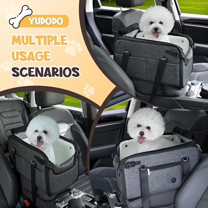 YUDODO 18lbs Dog Car Seat (Width >9in) for Small Dog Large Center Console with Removable Velvet Cushion Luxury Puppy Cat Travel Portable Booster Seat Anti-Slip Pet Car Bed Carseat PU Leather Gray