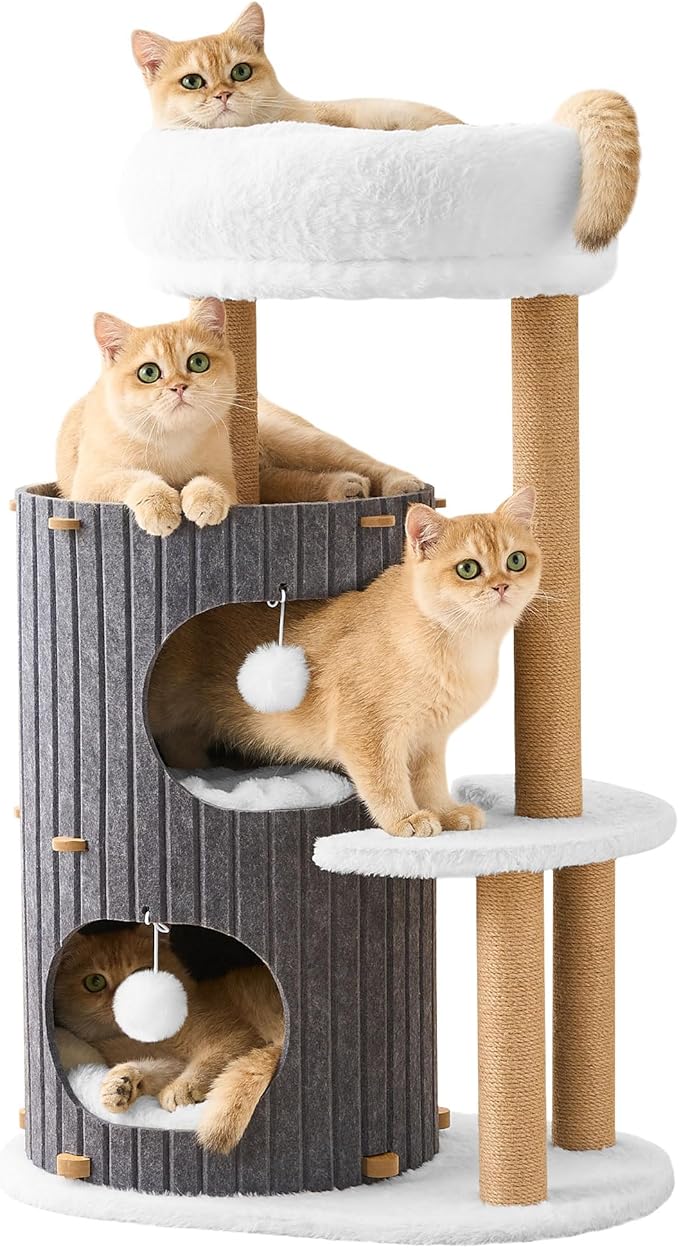 Modern Cat Tree for Indoor Cats Large Adult, 36in H Cat Condo Tower with Scratching Posts, Cozy Cat Bed Cave, Washable Cushions, Dangling Balls, Play&Nap Cat House for All Breeds of Cats, Gray
