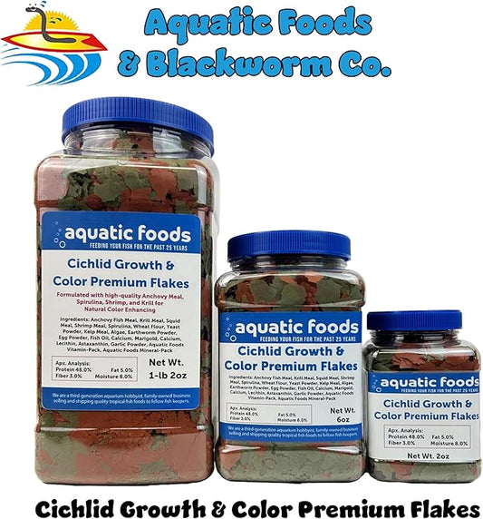 Aquatic Foods Inc. Cichlid Growth & Color Enhancing Flakes for Cichlids, Discus, All Tropicals. Aquatic Foods Premium Flakes…2oz Small Jar