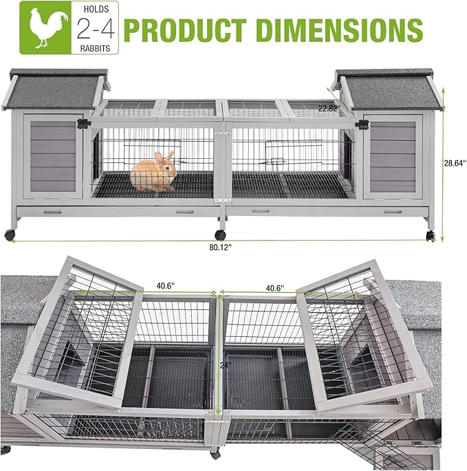 GUTINNEEN Rabbit Hutch Outdoor Bunny Cage Indoor with Large Space Guinea Pig House on Wheels 10.4 ft², No Leak Trays, Run