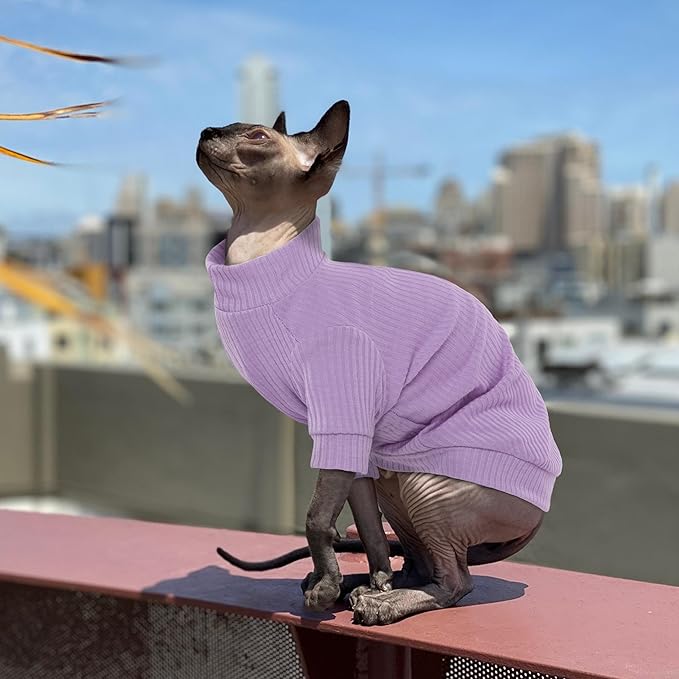 PUMYPOREITY Cat Clothes: Stretchy Cat Shirt & Sweater with Sleeves for Sphynx, Devon Rex & More - Purple, XS