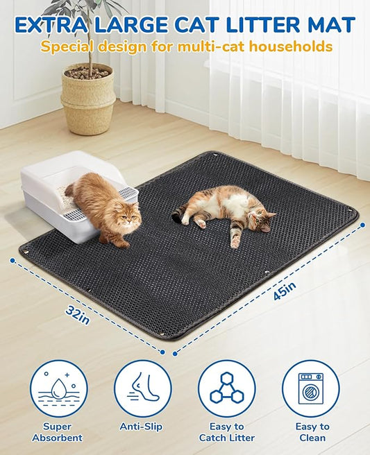 BurgeonNest 45"x32" Extra Large Cat Litter Mat, Honeycomb Double Layer Kitty Litter Trapping Mat, Urine Proof & Waterproof, Easy Clean, Machine Washable, Non-Slip, Scatter Control, Black