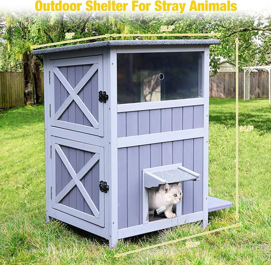 Aivituvin Outdoor Cat House,Two-Story Feral Cat Shelter,Wooden Cat Condos,Weatherproof Cat Enclosure for Winter with Escape Doors