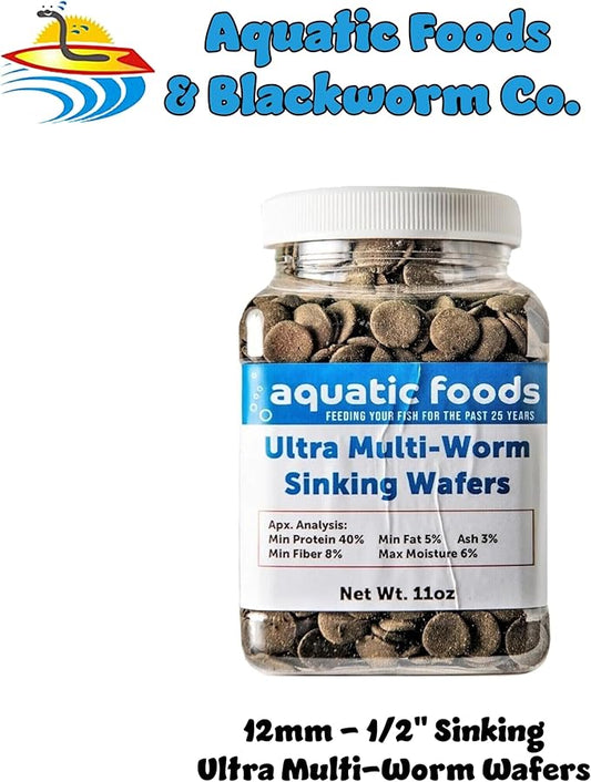 Aquatic Foods Inc. Ultra Multi-Worm 12mm - 1/2" Small Sinking Wafers for Bottom Fish, Shrimp, Snails, Crabs, Crayfish, All Tropical Fish...11oz Small Jar