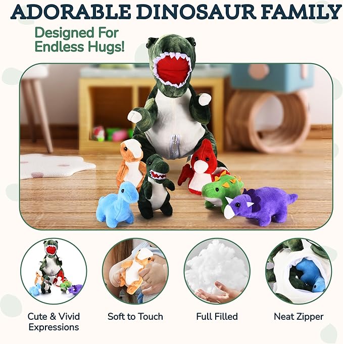 Dinosaur Stuffed Animal – Soft and Snuggly Dino Plush Toy Set – Includes 1 Large Dinosaur Plush with 6 Baby Dino Plushies – Super Soft, Skin-Friendly, and Non-Fade Cuddly Stuffed Animals