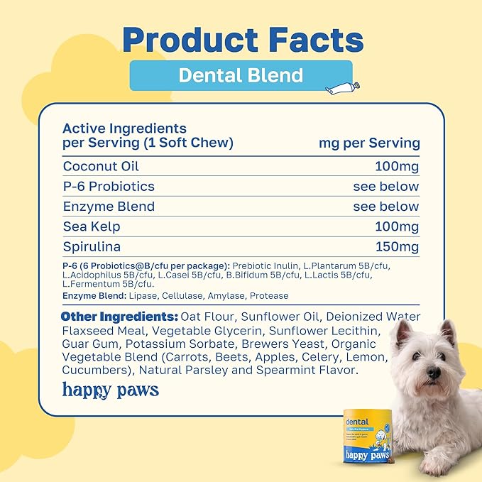 Happy Paws Dental Soft Chew, Dog Breath Freshener & Teeth Cleaning Treats, Oral Care Support for All Breeds, Sizes & Ages, Natural Spearmint Flavor, Organic & Non GMO (100 Chews)